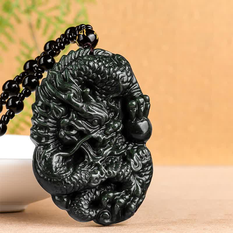 Buddha Stones Hetian Cian Jade Dragón Éxito Armonía Collar Colgante de cadena con cuentas - image 6