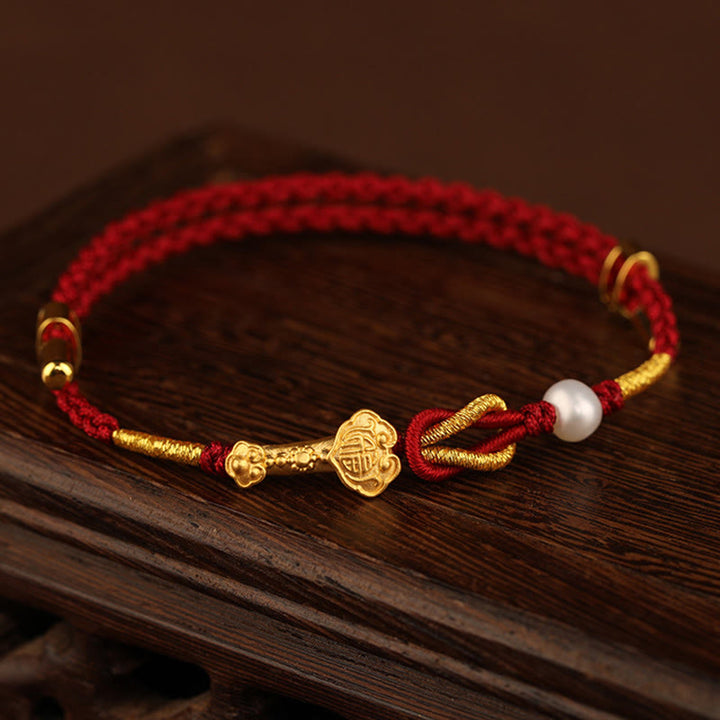 Pulsera trenzada de la suerte con perlas de conejo y mango de Ruyi del deseo de oro de 24 quilates con Buddha Stones