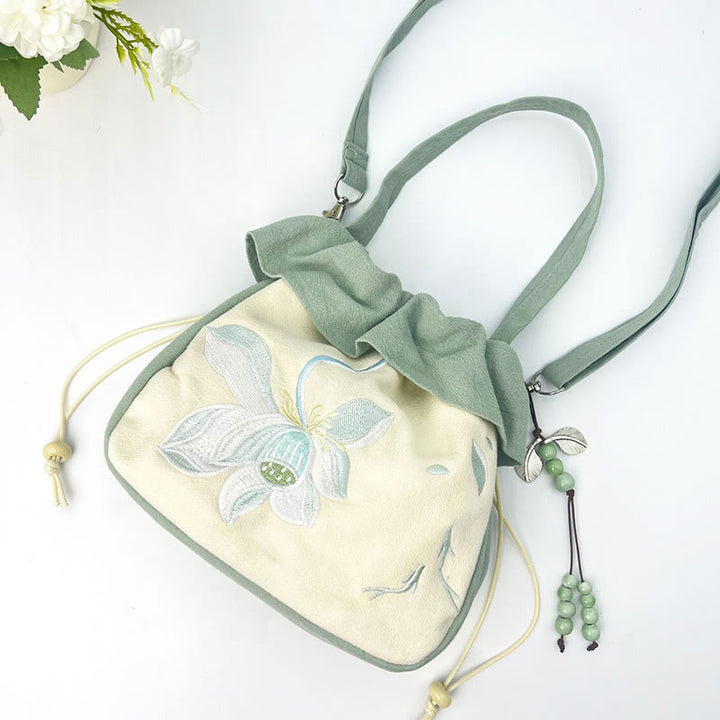 Buddha Stones Suzhou bordado Lotus Epiphyllum Magnolia algodón lino bolso bandolera bolso de hombro bolso