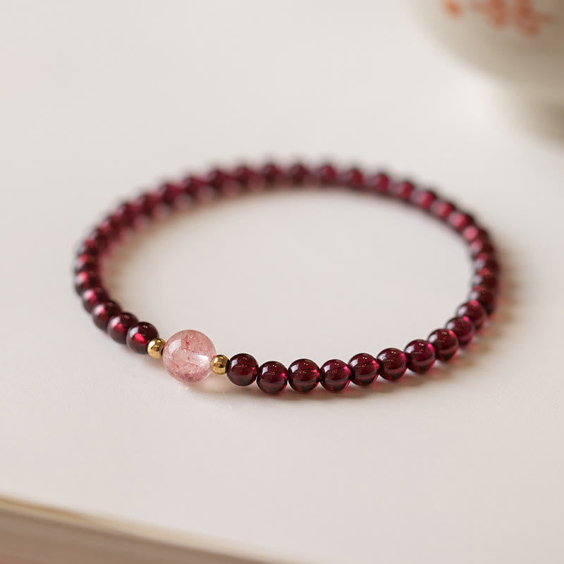 Pulsera Calma de Cuarzo Fresa Granate Natural de Piedras de Buddha Stones