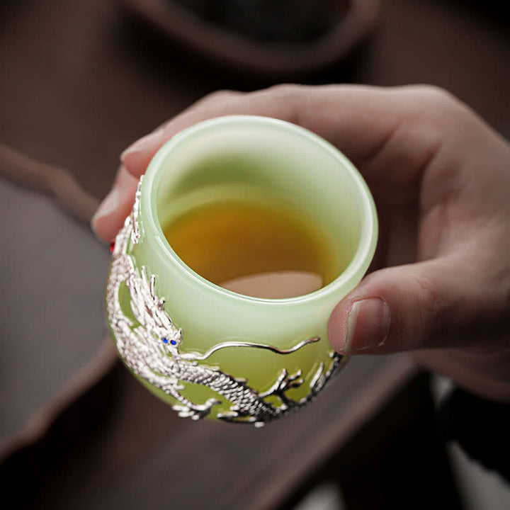Tazas de té de cerámica con diseño de flor de Fénix, dragón de loto y Buddha Stones