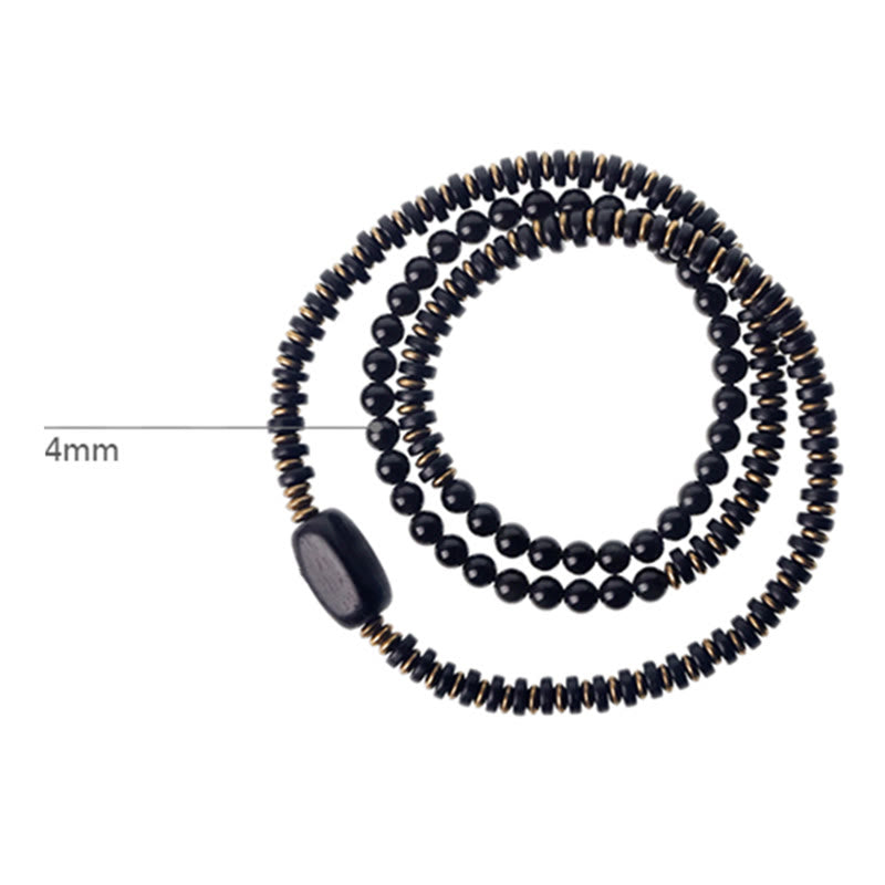 Pulsera de triple envoltura curativa de cobre y madera de ébano, obsidiana arcoíris con Buddha Stones