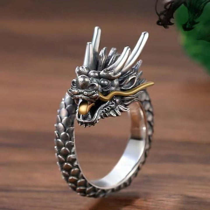 Anillo ajustable de fuerza de protección con diseño de dragón vintage de plata de ley 925 con Buddha Stones