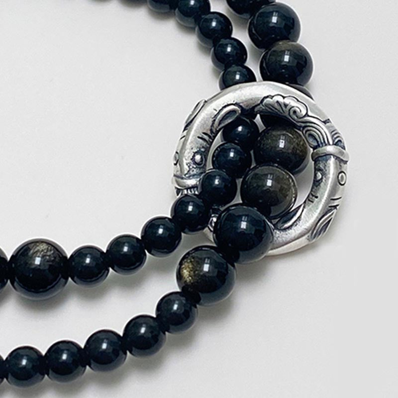 Pulsera de doble capa de obsidiana negra de plata de ley 999 con Buddha Stones
