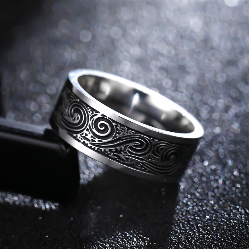 Anillo de equilibrio de acero de titanio con patrón grabado de nubes auspiciosas de onda vintage