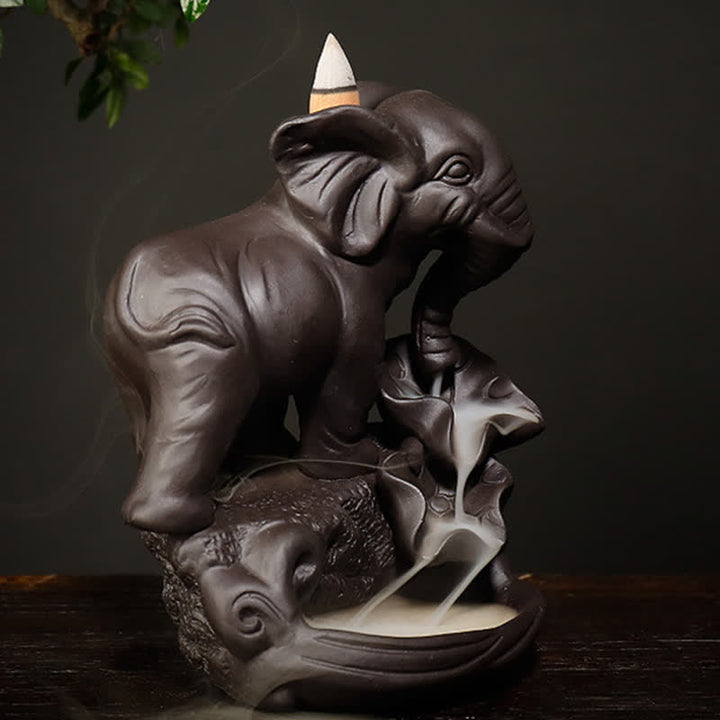 Elefante tibetano, fuente de humo de reflujo de arcilla púrpura, decoración de quemador de incienso curativo de paz