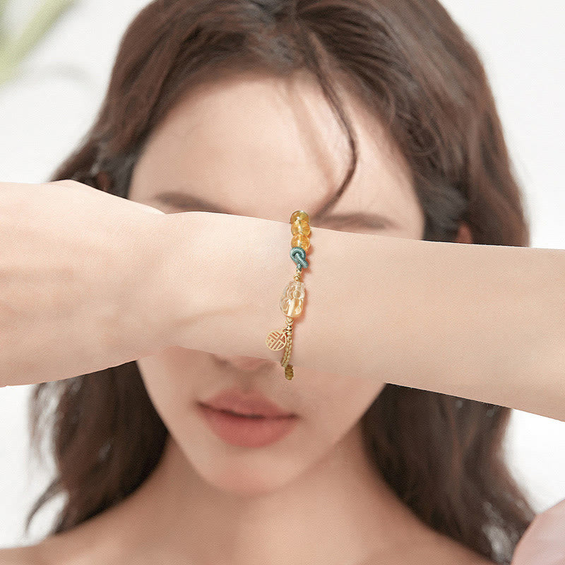 Pulsera trenzada de cuerda de prosperidad con carácter de citrino PiXiu Fu de Buddha Stones