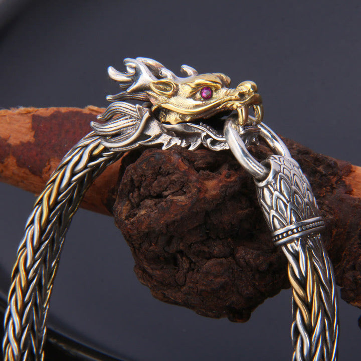 Pulsera de diseño trenzado de metal con protección de dragón auspicioso del año del dragón de plata de ley 925 con Buddha Stones