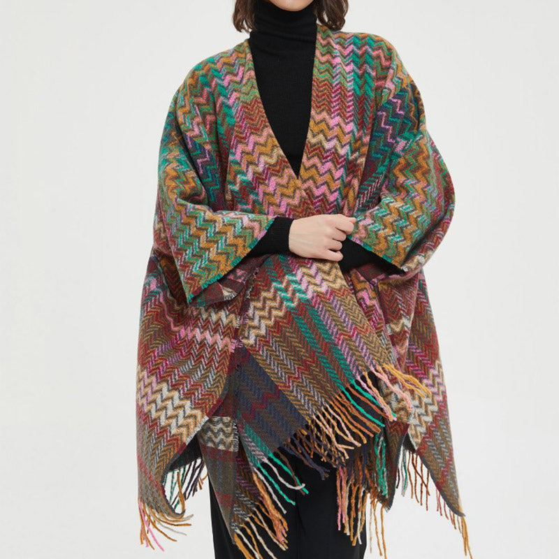 Mantón tibetano de Buddha Stones, colorida línea ondulada, borlas, bufanda de viaje acogedora para invierno