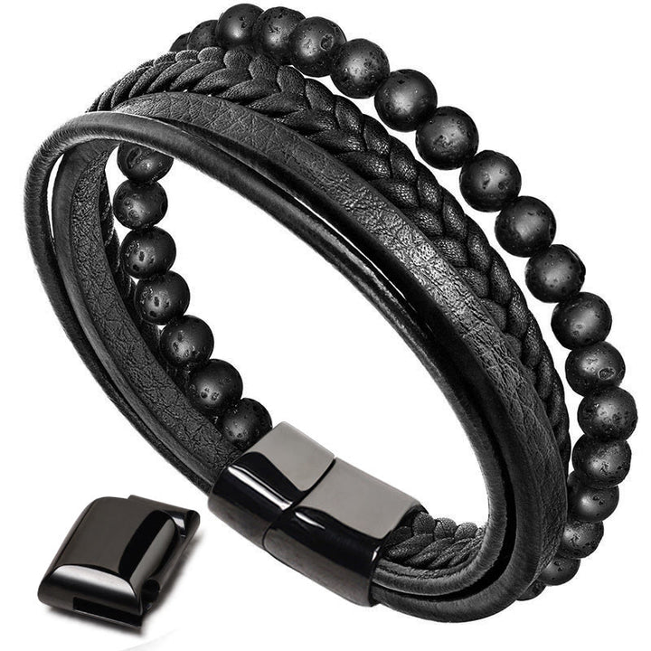 Pulsera de cuero con cuentas de ónix negro y roca de lava natural con Buddha Stones