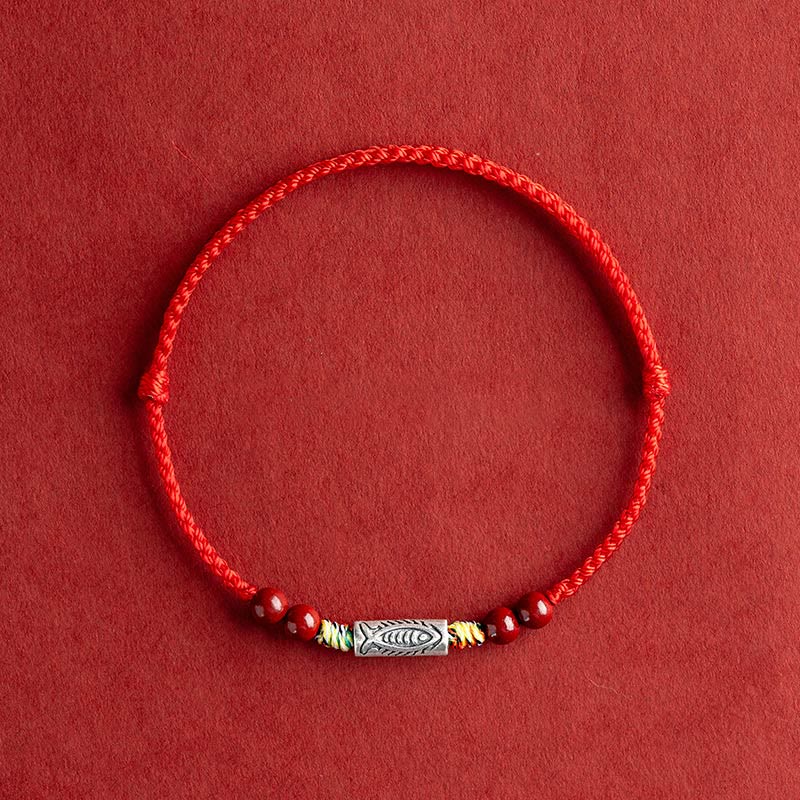 Pulsera tobillera trenzada hecha a mano con cuentas de cinabrio y pez Koi de plata de ley 925 con Buddha Stones - Tobillera (circunferencia 17-30cm) - Cuerda roja - image 0