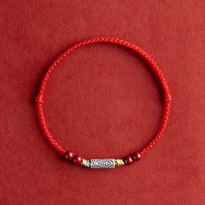 Pulsera tobillera trenzada hecha a mano con cuentas de cinabrio y pez Koi de plata de ley 925 con Buddha Stones - Tobillera (circunferencia 17-30cm) - Cuerda roja - image 0