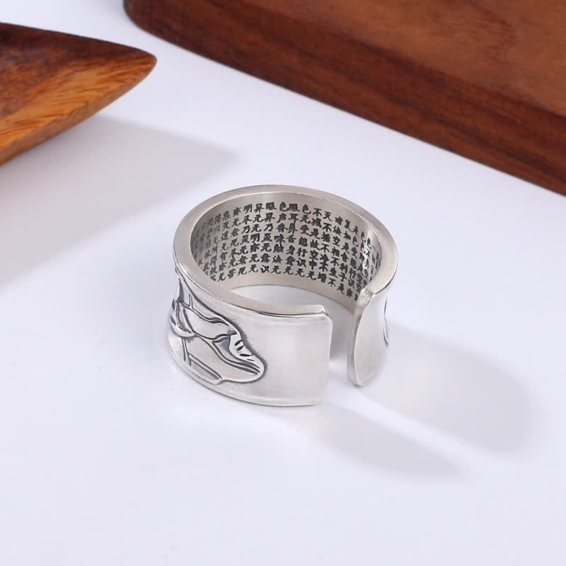 Anillo de protección Sutra de corazón de flor de loto de plata de ley 999 con Buddha Stones