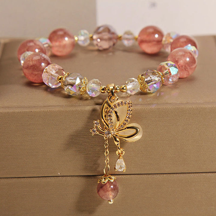 Pulsera con dije de mariposa positiva curativa de cuarzo fresa natural con Buddha Stones
