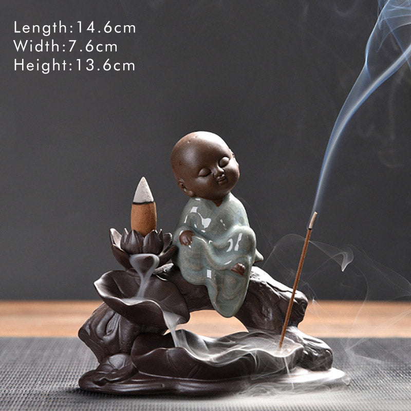 Quemador de incienso con bendición de loto de cerámica, Buddha Stones , pequeño monje, decoración