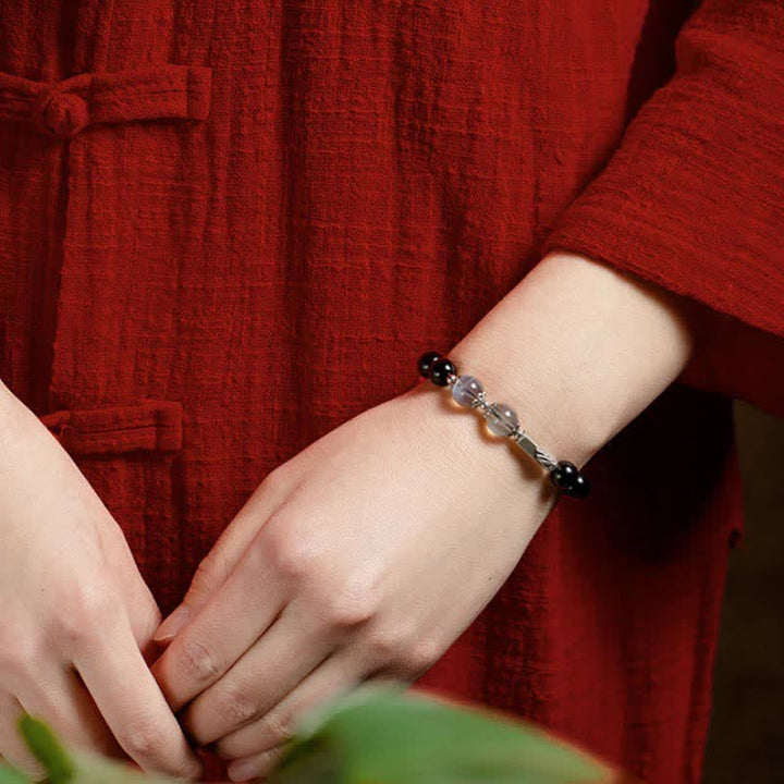 Pulsera de pareja de fuerza de piedra lunar de obsidiana de plata de ley 925