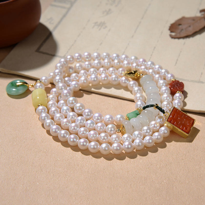 Buddha Stones, Plata de Ley 925, Perla, Jade Hetian, ágata roja, doble felicidad, ámbar, suerte, pulsera cuádruple