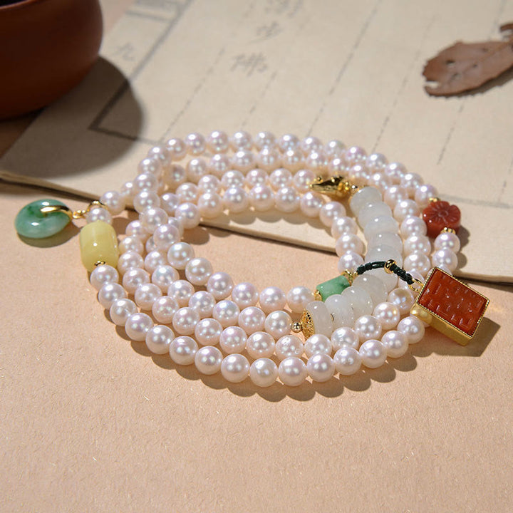 Buddha Stones, Plata de Ley 925, Perla, Jade Hetian, ágata roja, doble felicidad, ámbar, suerte, pulsera cuádruple