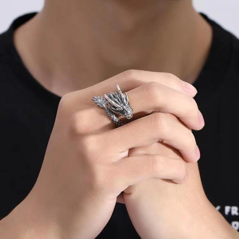 Anillo ajustable de fuerza de protección con diseño de dragón vintage de plata de ley 925 con Buddha Stones