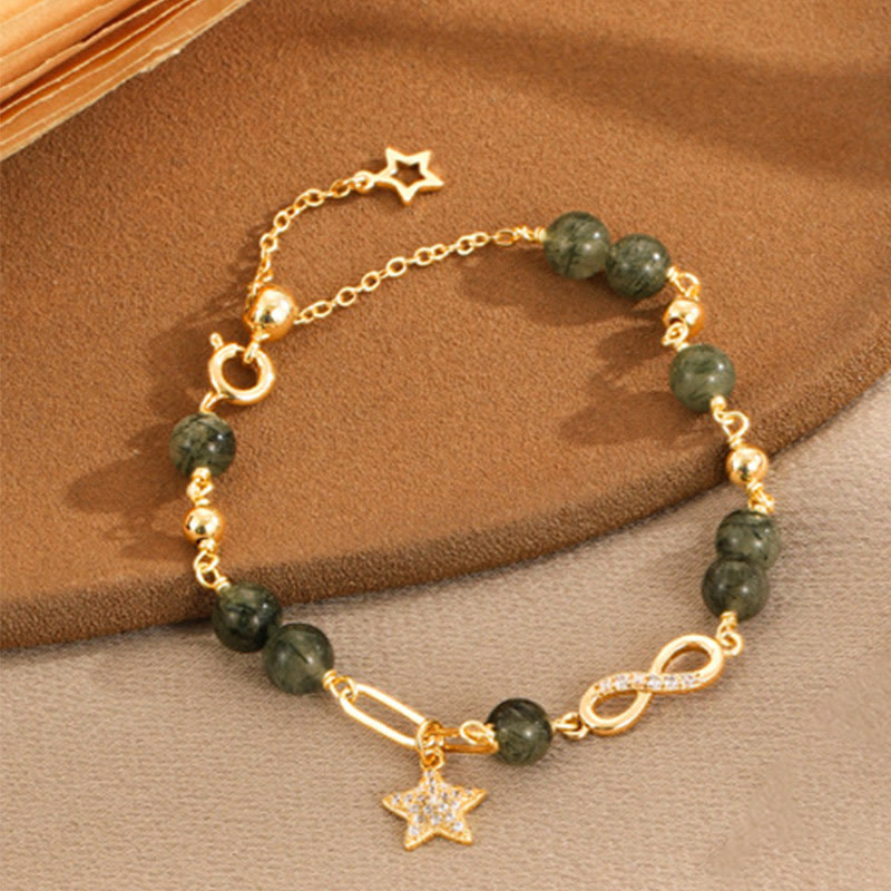 Pulsera de protección de estrella de amor eterno con lazo de Möbius de cuarzo rutilado verde de oro de 14 quilates con Buddha Stones