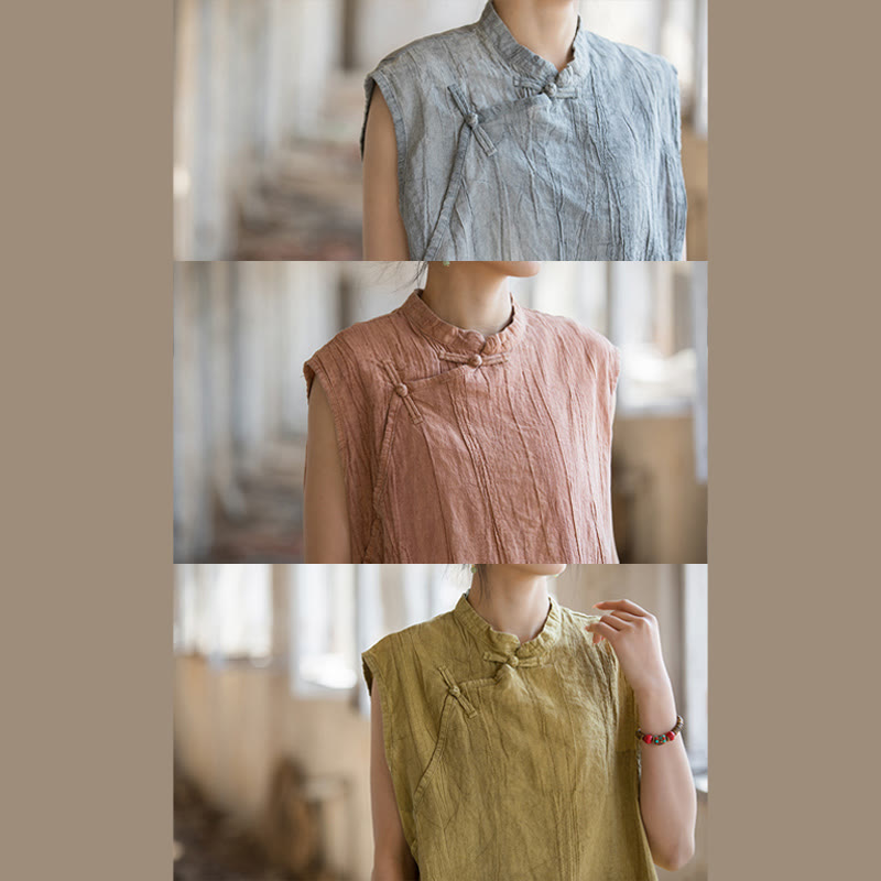 Camiseta sin mangas con botones de rana y lino de ramio teñido anudado hecho a mano con Buddha Stones