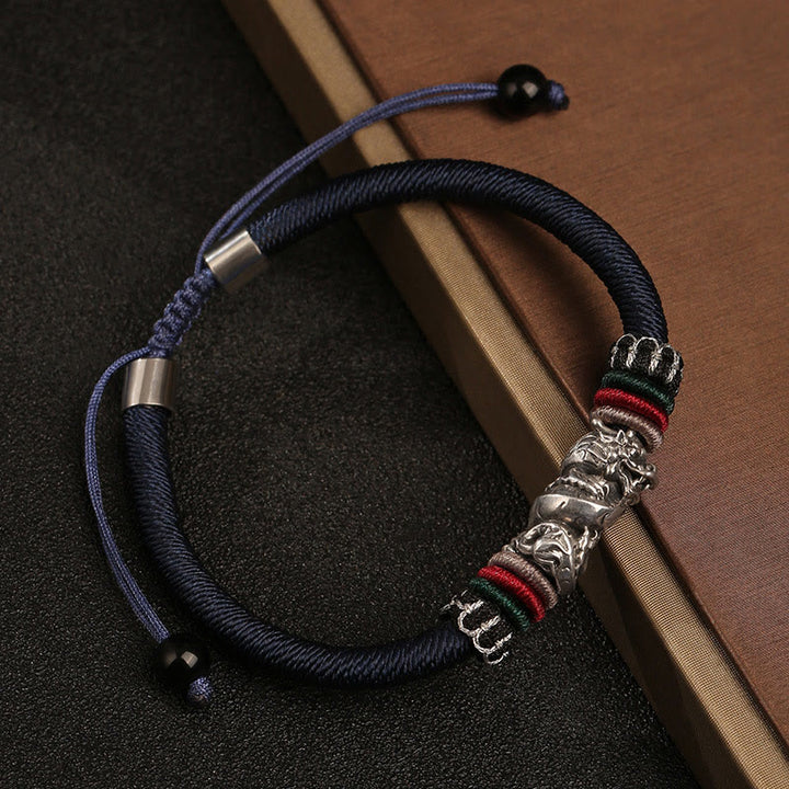 Pulsera de cuerda de la suerte del dragón auspicioso del año del dragón de plata de ley 925 hecha a mano con Buddha Stones