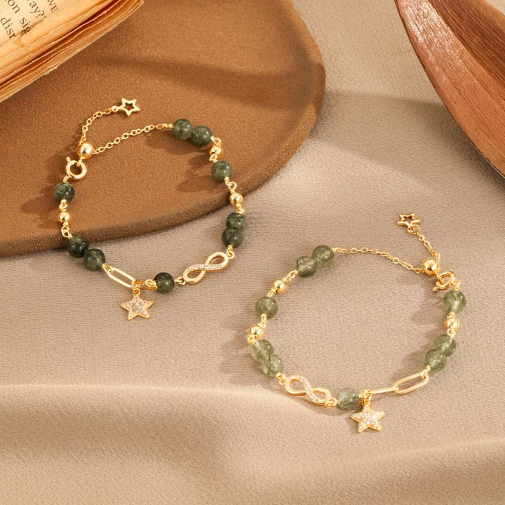 Pulsera de protección de estrella de amor eterno con lazo de Möbius de cuarzo rutilado verde de oro de 14 quilates con Buddha Stones