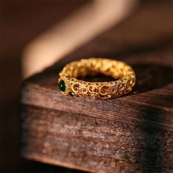 Anillo de la suerte del éxito del jade cian de plata de ley 925 con Buddha Stones