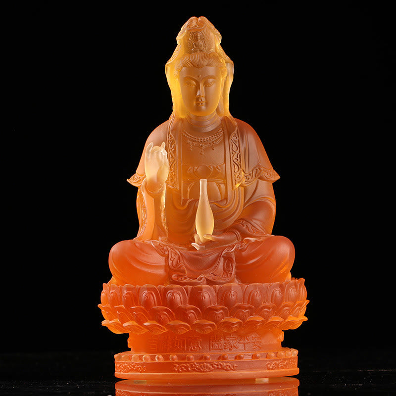 Buddha Stones Kwan Yin Avalokitesvara, estatuilla hecha a mano, pieza de arte de cristal Liuli, estatua de riqueza, decoración para el hogar - 23 cm color ámbar - image 7