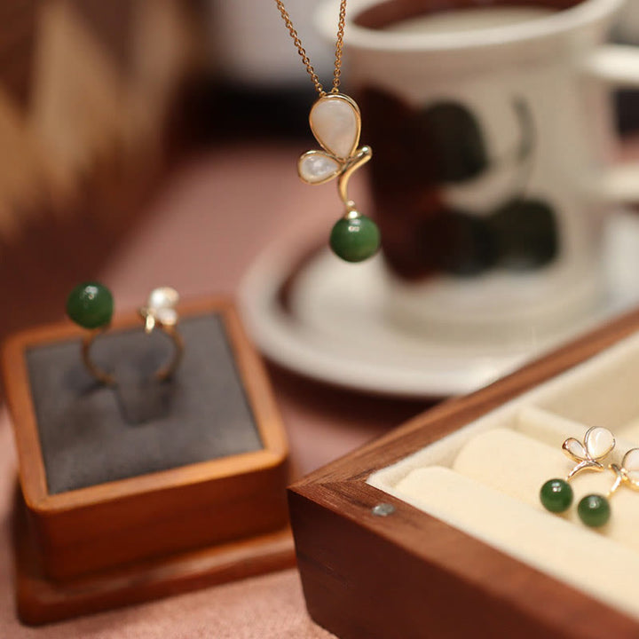 Buddha Stones, mariposa Natural, piedra Tridacna, Jade cian, chapado en cobre, collar tranquilo, colgante, anillo, pendientes