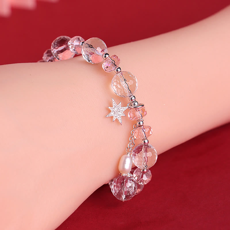 Pulsera con dije de estrella de protección de cristal rosa y cristal blanco con Buddha Stones