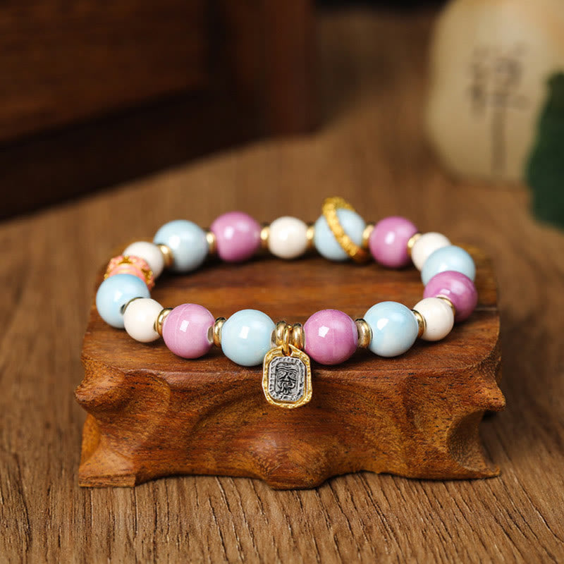 Buddha Stones tibetano Zakiram diosa de la riqueza conejo cabeza de león encanto Liuli vidrio incienso ceniza porcelana cuentas pulsera de protección