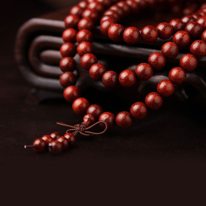 Pulsera de meditación Mala con 108 cuentas de sándalo rojo de hoja pequeña tibetana de Buddha Stones