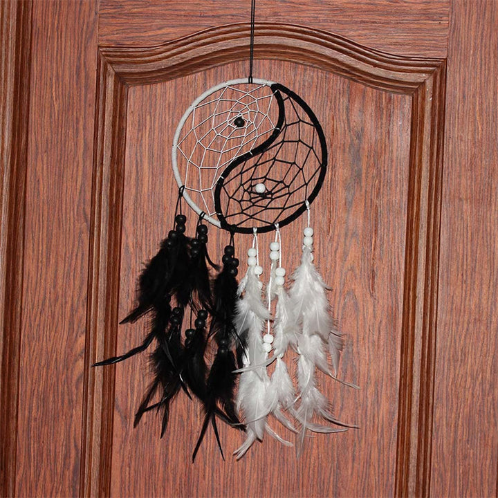 Atrapasueños Yin Yang, red circular con plumas, decoración de equilibrio