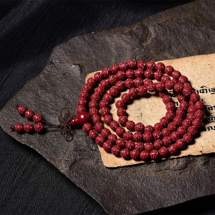 Buddha Stones 108 cuentas Mala cinabrio Om Mani Padme Hum patrón grabado pulsera de bendición