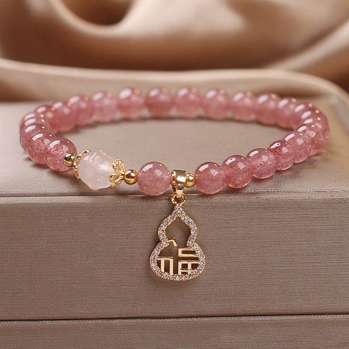 Pulsera positiva con dije de personaje Fu de calabaza de cuarzo fresa con Buddha Stones