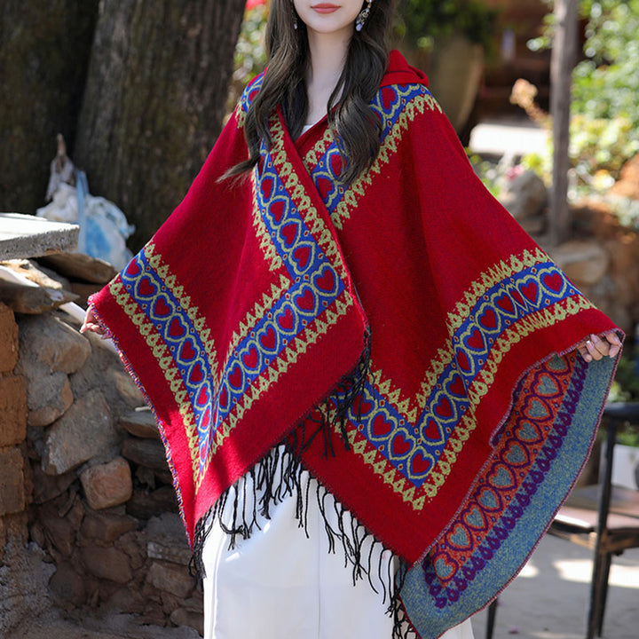 Mantón tibetano de Buddha Stones , capa con capucha y borla de corazón de amor rojo, bufanda de viaje acogedora para invierno