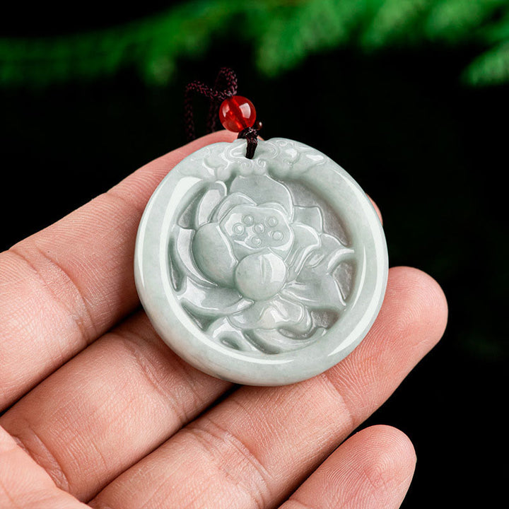 Colgante de collar de prosperidad tallada con flor de loto de jade natural con Buddha Stones - image 7