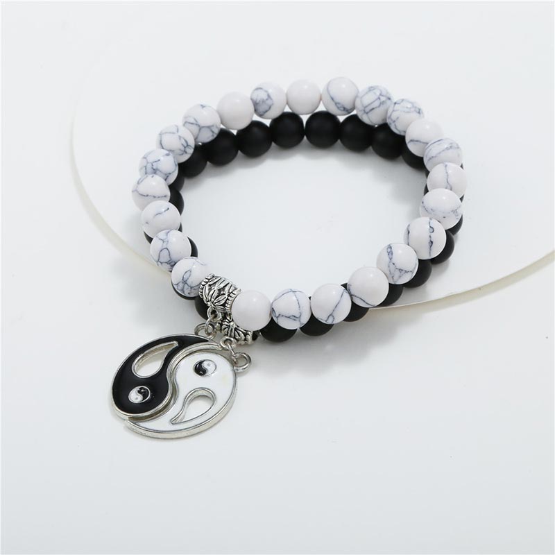 Buddha Stones 2 uds. Pulsera de pareja Yin Yang con cuentas de turquesa blanca y ónix negro Natural