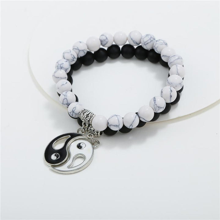 Buddha Stones 2 uds. Pulsera de pareja Yin Yang con cuentas de turquesa blanca y ónix negro Natural