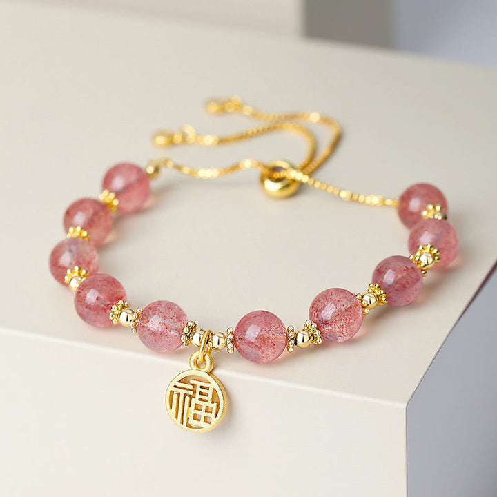 Pulsera con dije positivo de personaje Fu de cuarzo fresa natural chapado en oro de 14 quilates con Buddha Stones