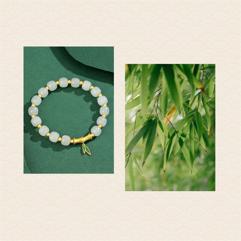 Pulsera de la suerte de bambú de jade blanco hetiano de plata de ley 925 con Buddha Stones