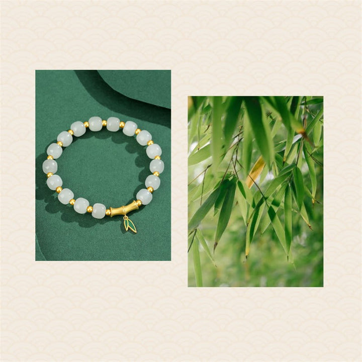 Pulsera de la suerte de bambú de jade blanco hetiano de plata de ley 925 con Buddha Stones