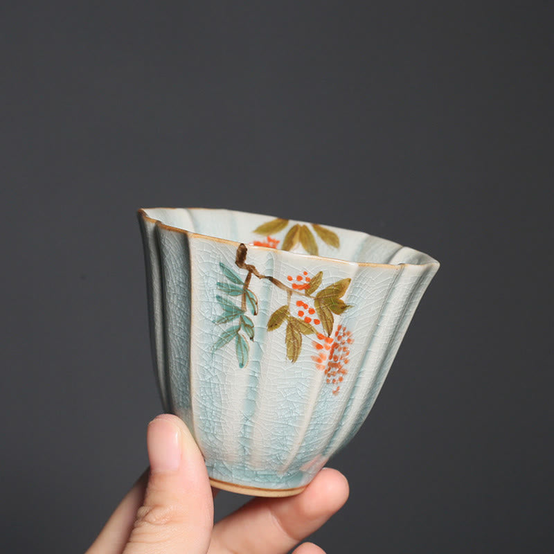 Taza de té de cerámica de Kung Fu con Buddha Stones , níspero, cornejo, espino, gloria de la mañana