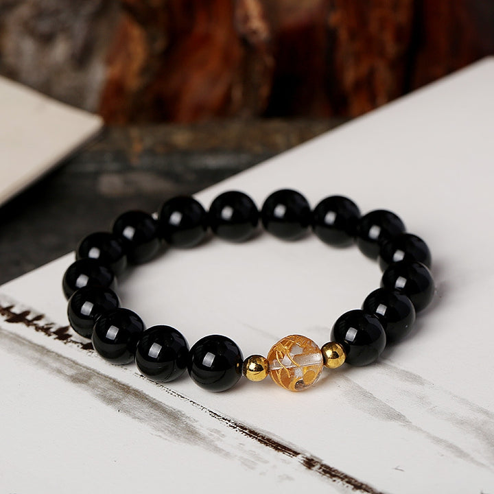 Pulsera de fuerza de dragón de ónix negro de cristal blanco de obsidiana negra natural con Buddha Stones