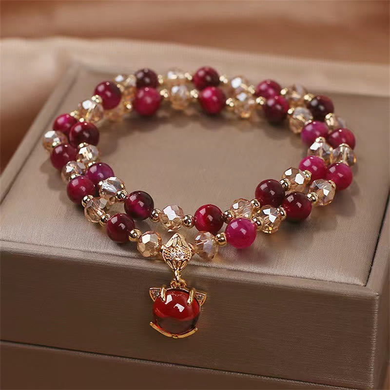 Pulsera de doble vuelta con protección de zorro y ojo de tigre rojo con Buddha Stones