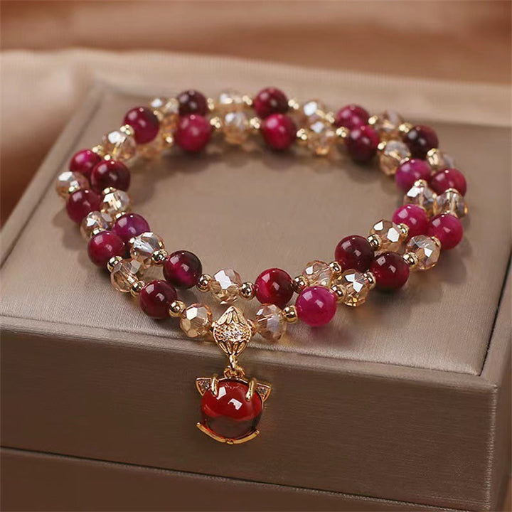 Pulsera de doble vuelta con protección de zorro y ojo de tigre rojo con Buddha Stones