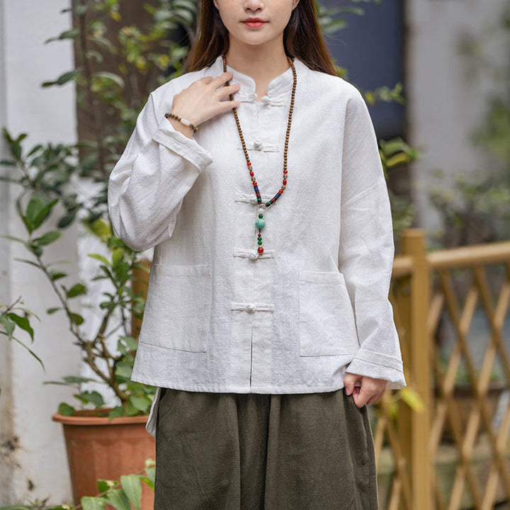 Camisa con diseño de botones de rana y Buddha Stones , ropa superior para meditación de Tai Chi, chaqueta de lino de ramio