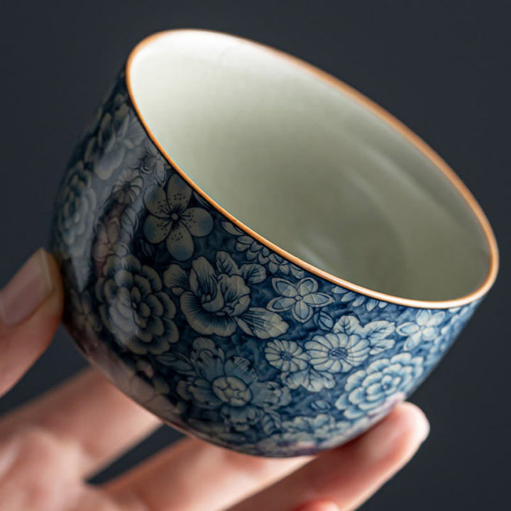 Tazas de té de cerámica con diseño de crisantemo, loto azul, flor de melocotón, Buddha Stones, tazas de té de Kung Fu