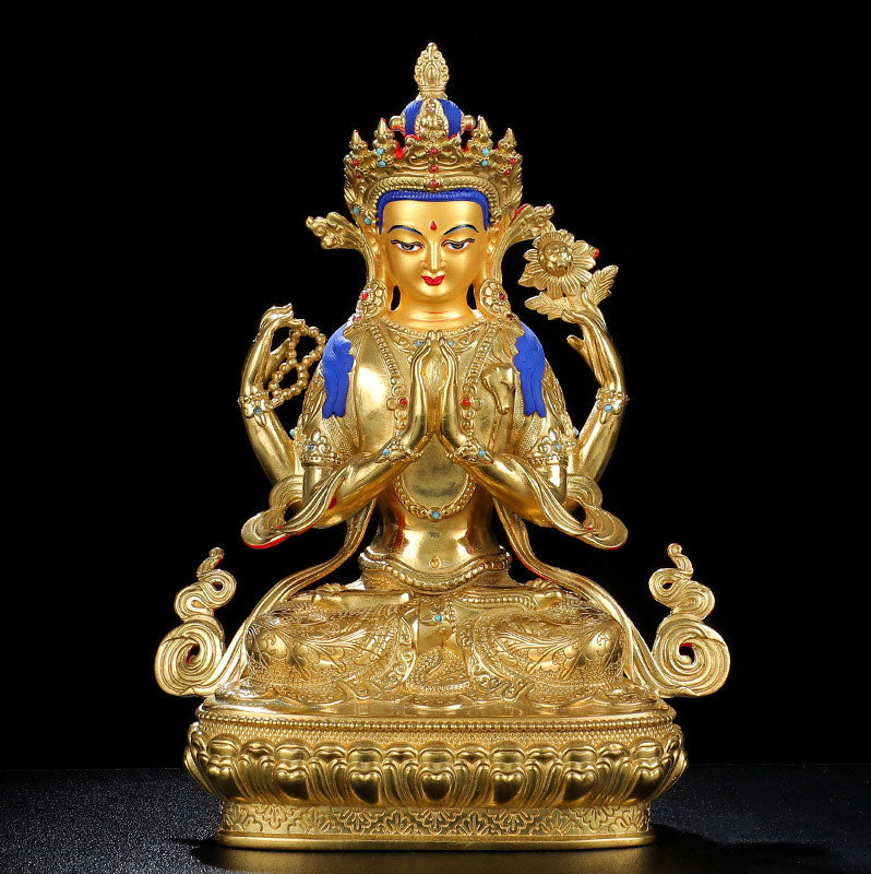 Chenrezig-Estatua chapada en oro y cobre con protección Avalokitesvara de cuatro brazos, decoración